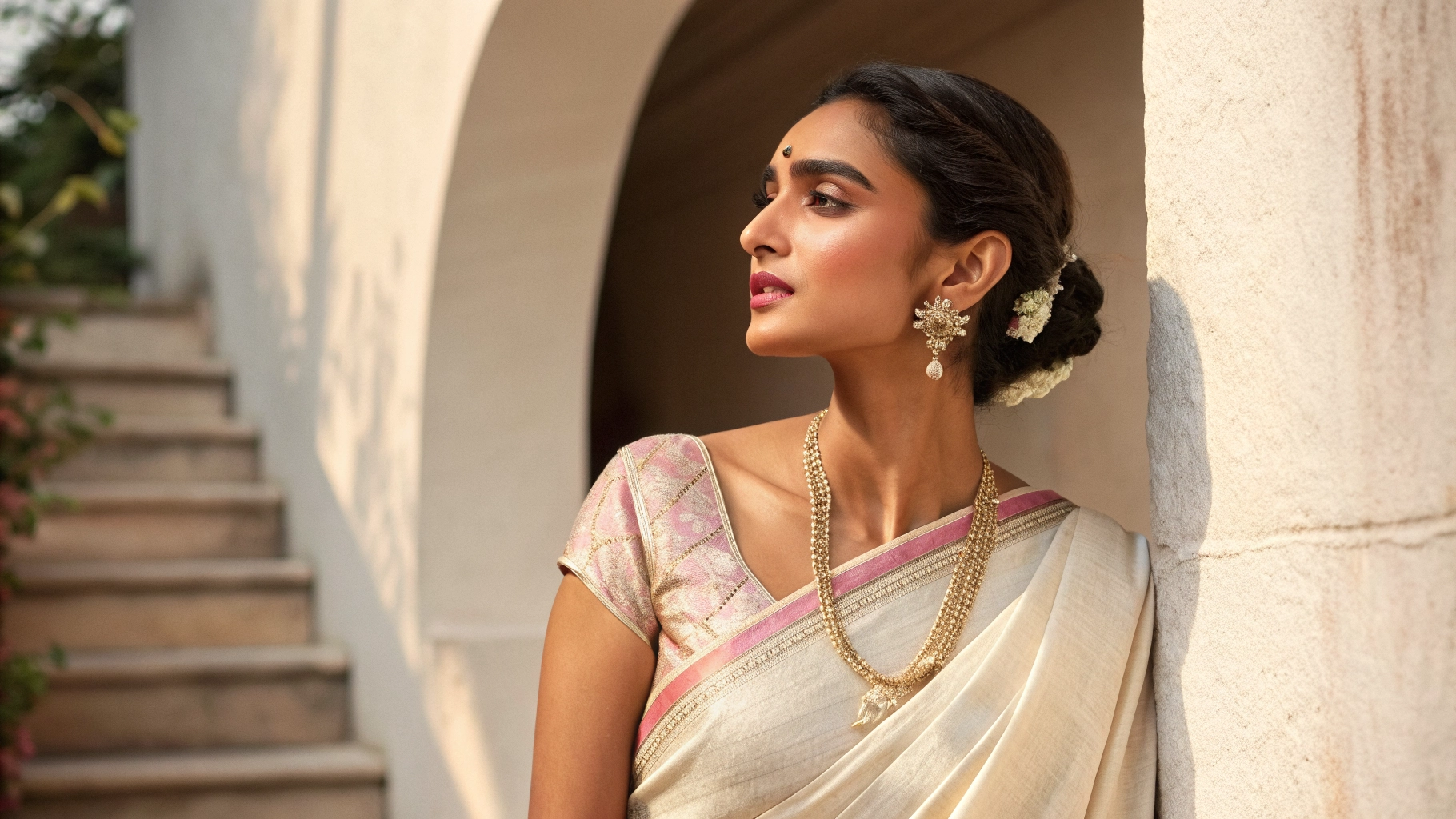 Premium Indian woman in an elegant REBARE saree, luxury fashion photography.